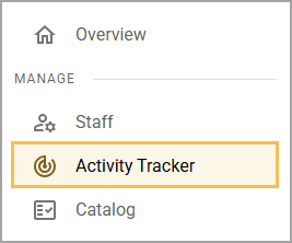 Menu displaying options with 'Activity Tracker' highlighted for user management.